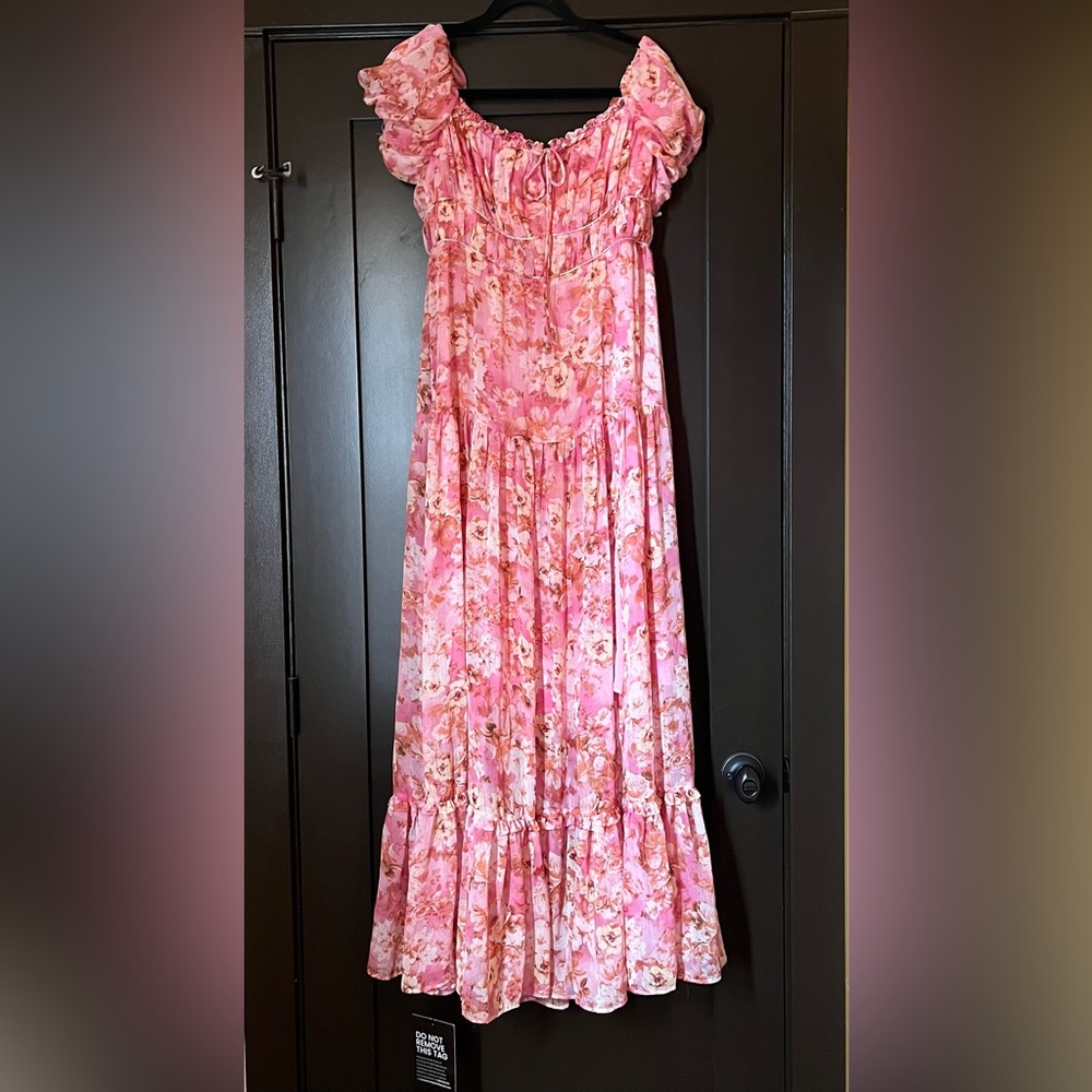 ASTR Roseline Off Shoulder Floral Maxi Dress, Pink/Orange, Size Large - Picture 3 of 11